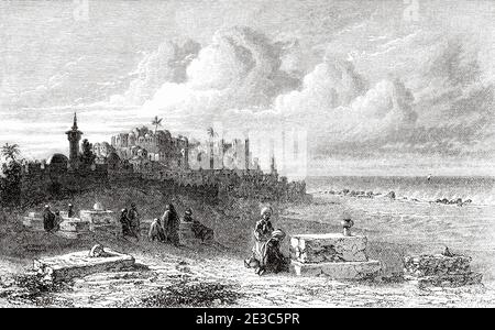 Giaffa, l'antica Gioppa, Palestina, Israele. Vecchio illustrazione incisa del 19 ° secolo viaggio a Gerusalemme di Alphonse de Lamartine da El Mundo en la mano 1879 Foto Stock