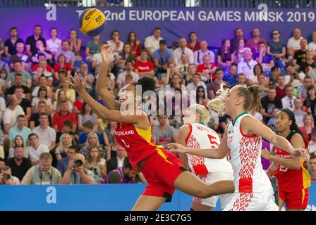 Il giocatore di basket Satou Sabally (Germania) ai Giochi europei 2019 a Minsk (Bielorussia). Foto Stock