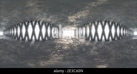 panorama a 360 gradi di architettura astratta in cemento, corridoio con luce solare brillante 3d rappresentazione stile hdri vr Foto Stock