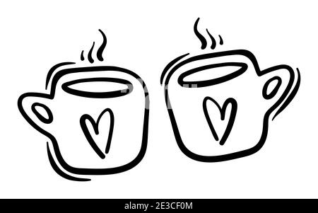 San Valentino tema doodle Vector icona di mano due disegnati tazze di tè di caffè con forma a cuore isolato un bianco Illustrazione Vettoriale