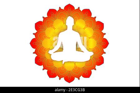 Mandala con meditazione uomo zen silhouette. Simbolo del risveglio e della consapevolezza del Buddismo. Foto Stock