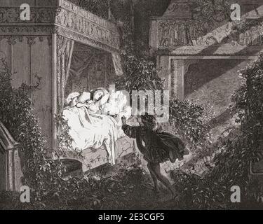 Dormire bellezza. Dopo un lavoro del 19 ° secolo da Gustave Dore. Il bel principe trova Sleeping Beauty e la risveglierà con un bacio. Foto Stock