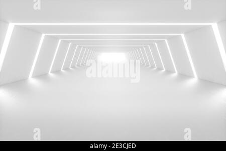 Tunnel bianco con luce alla fine, rendering 3d. Disegno digitale per computer. Foto Stock