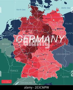 Germania Paese Mappa dettagliata modificabile con regioni città e città, strade e ferrovie, siti geografici. File vettoriale EPS-10 Illustrazione Vettoriale