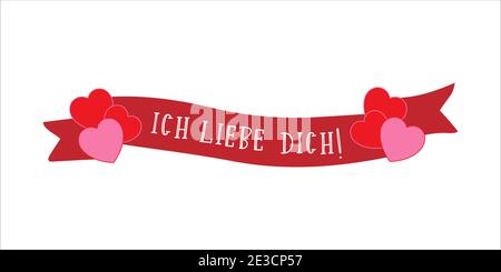 Hand Sketched Ich liebe Dich citazione tedesca con nastro, il che significa che ti amo Romantico lettering Illustrazione Vettoriale