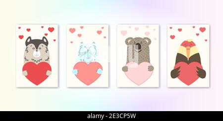Carino animale cartoon contiene un segno cardiaco con spazio copia. Set giorno di San Valentino biglietto d'auguri banner invito brochure. Cartoon disegnata a mano stile. Animali piccoli animali in amore, dichiarazione d'amore. Illustrazione Vettoriale