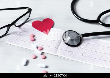 Relazione cuore, stetoscopio e cardiogramma su tavolo di legno bianco. Concetto di cardiologia. Foto Stock