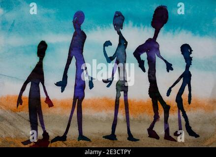 gruppo di persone, silhouette colorata illustrazione acquerello Foto Stock