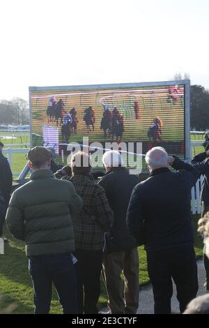 Riunione di gara di Capodanno al circuito Ayr 2 gennaio 2018. Le folle si riuniscono intorno ai grandi schermi video all'aperto per guardare le corse televisive Foto Stock