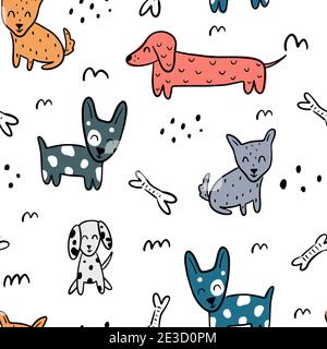 Carino modello senza giunture infantile con diversi cani, ossa ed elementi astratti isolati su sfondo bianco. Doodles disegnati a mano in stile scandinavo Illustrazione Vettoriale