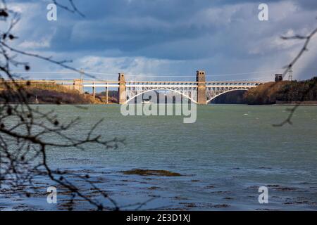 Guardando verso est verso il ponte Britannia, in inverno, sullo stretto di Menai, Anglesey, Galles Foto Stock