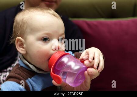 Baby boy acqua potabile da una bottiglia Foto Stock