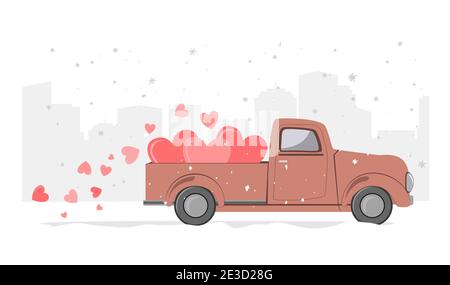 Nevoso sfondo della città di giorno invernale e retrò pick-up camion con cuori. Tessera per San Valentino. Illustrazione vettoriale Illustrazione Vettoriale
