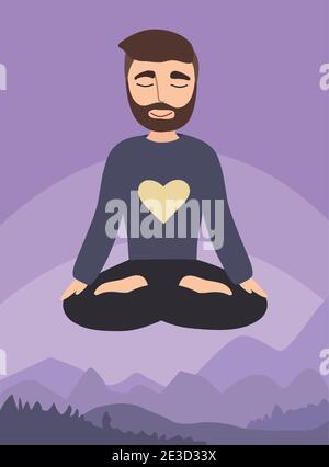 Uomo in posizione di loto sullo sfondo del paesaggio di montagna. Uomo in meditazione. Illustrazione Vettoriale