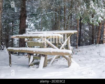 Tavola di legno coperta di neve nella foresta Foto Stock