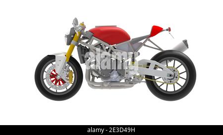 Rendering 3D di moto moto moto moto moto moto moto moto moto macchina tecnica modello di progettazione modello di computer su sfondo bianco Foto Stock