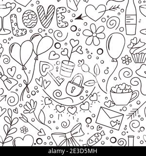 Divertente motivo di doodle senza cuciture per San Valentino, matrimonio, eventi romantici. Vettore Illustrazione Vettoriale