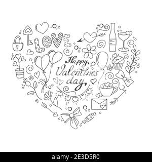 Una serie di doodles per San Valentino, matrimoni, eventi romantici. Vettore Illustrazione Vettoriale