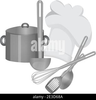 Utensili da cucina, cappello da chef e una pentola Illustrazione Vettoriale