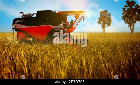 Illustrazione 3D industriale della trebbiatrice automatizzata che lavora sulla granella campo Foto Stock