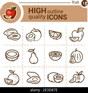 Icone di linea piatta di frutta, set vettoriale. Illustrazione Vettoriale