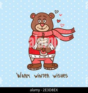 Simpatica illustrazione dell'orso di Natale teddy, per il disegno di Natale. Divertente Natale sfondo allegro. Illustrazione Vettoriale