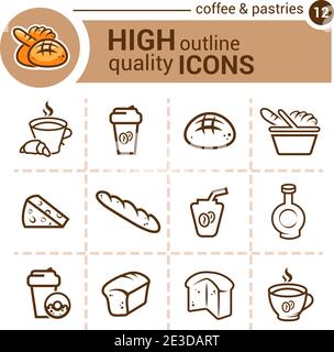 Icone di linea piatta di caffè e pastrie, set vettoriale. Illustrazione Vettoriale