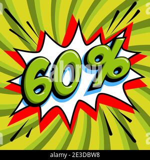 60 60% di sconto banner di vendita. Numero verde sulla forma del bang e sfondo verde che ruota. Banner web di vendita grande in stile Pop-art. Vendita di stile comico Illustrazione Vettoriale