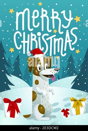 Carino cane con regali di festa e allegra iscrizione di Natale. Elegante jack russell terrier cane con cappello rosso di natale su uno sfondo blu Natale Illustrazione Vettoriale