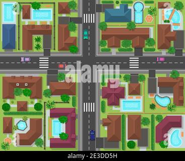 City Block vista dall'alto. Città strada panoramica con case, giardini, alberi e strade, città paesaggio infrastrutture illustrazione vettoriale. Mappa della città dall'alto Illustrazione Vettoriale