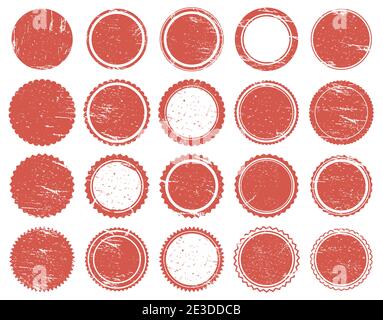 Timbro di texture grunge. Francobolli cerchiati rossi in gomma, segni vintage rossi di tessitura stressata. Vendita francobolli rotondi serie di illustrazioni vettoriali Illustrazione Vettoriale