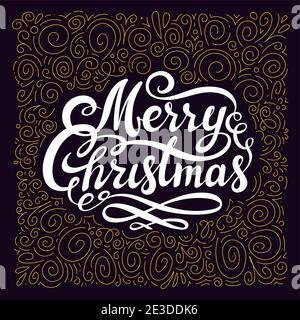 Natale design con Calligraphic Merry Christmas Inscription e oro foglio di Natale elementi su sfondo scuro. Illustrazione Vettoriale