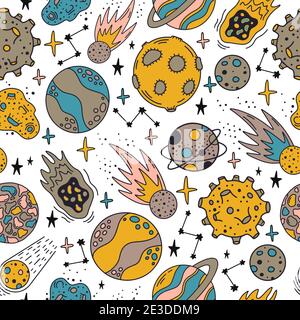 Spazio pianeti modello. Graziosi pianeti disegnati a mano e stelle senza cuciture. Immagine di sfondo vettoriale di elementi cosmici Illustrazione Vettoriale