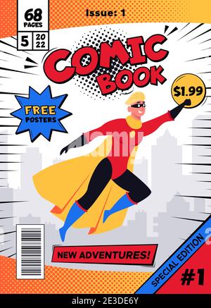 Copertina del fumetto. Vintage magazine con il personaggio maschile supereroe in azione posa illustrazione vettoriale. Modello di fumetto retrò Illustrazione Vettoriale