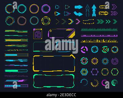 Elementi hud di interfaccia. Barre e cornici olografiche digitali hud, elementi del menu dello schermo utente. Pannelli di ologramma futuristico insieme di illustrazioni vettoriali Illustrazione Vettoriale