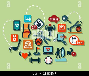 Icone vettoriali per il fitness e lo sport per il web e i dispositivi mobili. Tutti gli elementi sono raggruppati. Illustrazione Vettoriale