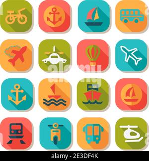 Elegante set di icone per il trasporto piatto creato per dispositivi mobili, Web e applicazioni. Illustrazione Vettoriale