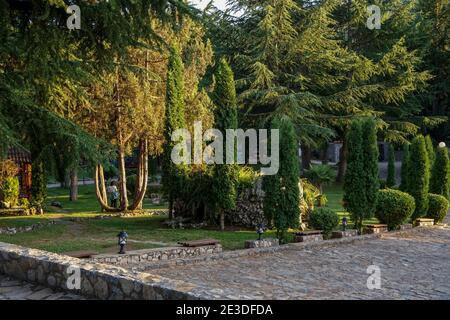Panorama del parco pubblico della città con sentiero. Sentiero lastricato attraverso gli alberi in un parco Foto Stock