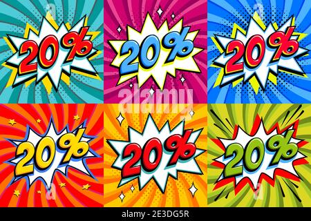 Set di vendita. Vendita venti per cento 20 di sconto su un fumetti stile bang di sfondo forma. Banner di promozione pop art comic discount. Sconti stagionali, Black Illustrazione Vettoriale