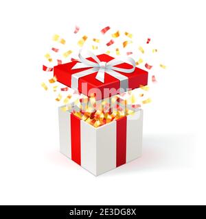 Confezione regalo bianca con copertina rossa e confetti dorati. Aprire la confezione regalo. Sfondo festivo. Consegna gratuita, affare, offerta speciale. Illustrazione Vettoriale