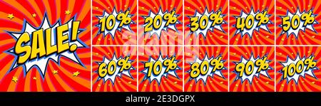 Grande set di sconti rossi. Iscrizione di vendita e tutti i numeri di percentuale. Colori giallo e rosso. Pop-art fumetti stile web banner, animazione flash, adesivi, tag. Illustrazione Vettoriale