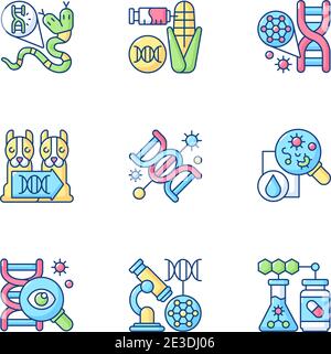 Esperimento della struttura del DNA insieme di icone di colore RGB Illustrazione Vettoriale
