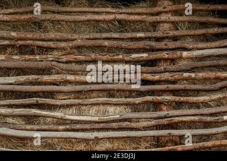 Muro di legno e paglia. L'esterno della vecchia stalla rustica. Luogo per gli animali dove stanno alimentando e riposando. All'interno vecchia stalla di legno Foto Stock