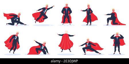 Supereroe uomo d'affari. Lavoratore d'ufficio in azione supershero pose, supereroe maschile personaggio in rosso mantello. Potente insieme di illustrazioni vettoriali per uomini d'affari Illustrazione Vettoriale