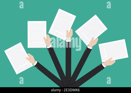 Tenere il documento con la mano. Immagine piatta vettoriale Foto Stock