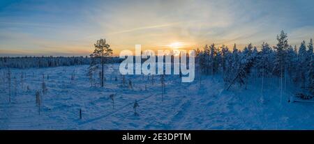 Spettacolare filmato aereo di Red Orange Sunset sopra il paesaggio delle foreste coperte di neve nel Nord della Svezia, aria trasparente e gelosa. Sole appena sopra Foto Stock