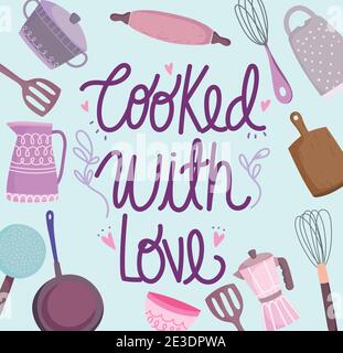 cucina con utensili d'amore e posate cucina, cartoon scritta illustrazione vettoriale Illustrazione Vettoriale