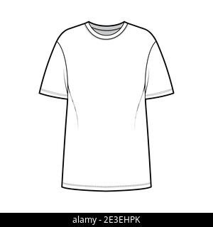 T-shirt oversize illustrazione tecnica di moda con maniche corte, collo a maglia, spalla a caduta, orlo allungato. Outwear con fascia piatta e mascherina anteriore, colore bianco. Donne uomini Unisex CAD mockup Illustrazione Vettoriale