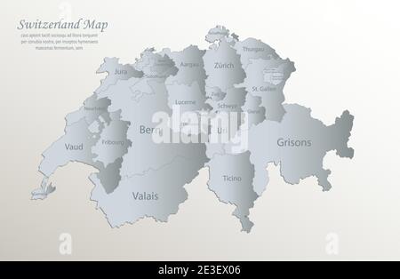 Mappa Svizzera, divisione amministrativa con nomi, carta bianca blu vettore 3D Illustrazione Vettoriale