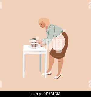 La ragazza prepara una torta. Avvio della produzione di hobby e torte. Immagine piatta vettoriale del carattere di trend. Concetto di produzione dolciaria a casa. Illustrazione Vettoriale